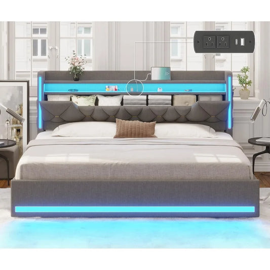 king size bed frame with marshmallow headboard and storage, king bed with led lights & charging station, upholstered platform ki