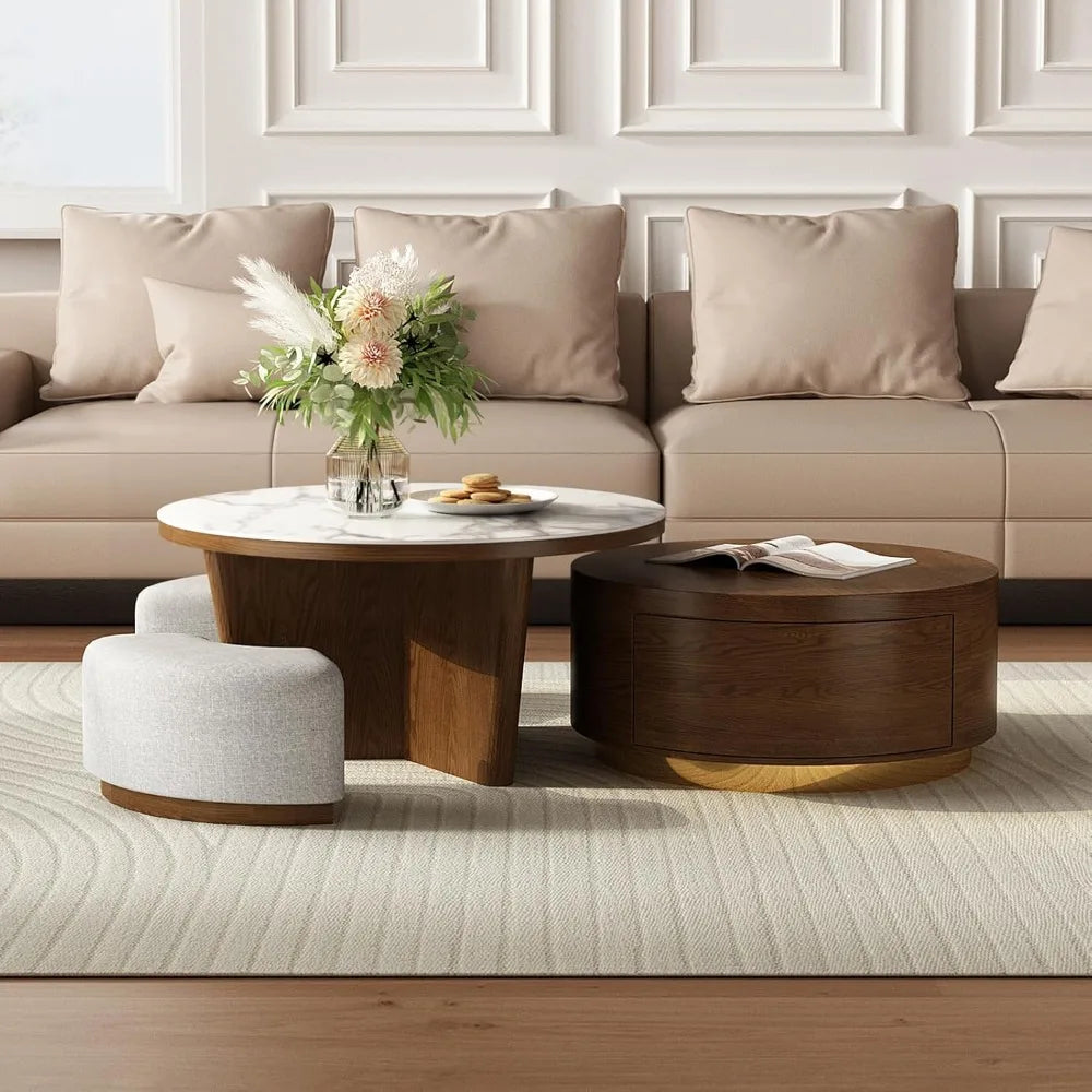 Coffee Table Set 2 -Walnut Coffee Table with Drawer and Stools - Marble Circular Stone Tabletop Modern Design Round Coffee Table