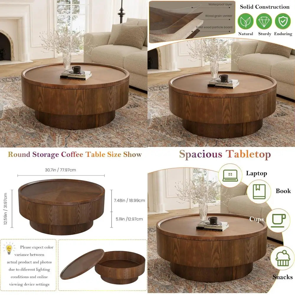 Mid-Century Modern Round Coffee Table with Hidden Storage, Solid Wood Veneer Center Table for Living Room