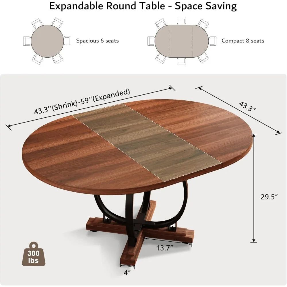59'' Extendable Round Dining Table for 4 to 6, Kitchen Table with Sturdy X-Base Metal Legs, MDF Board with Backboard Clasp, Expa