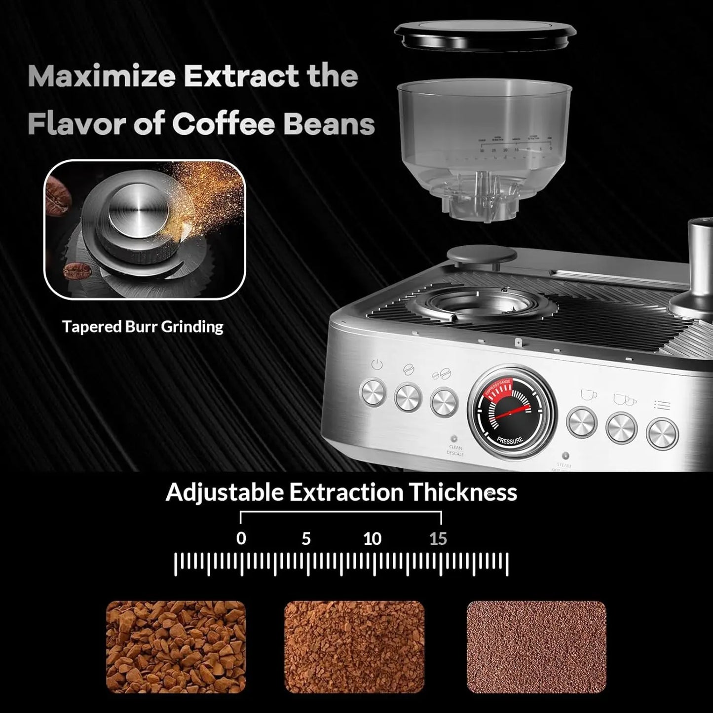 Espresso Machine with Grinder 20 Bar Semi-Automatic Coffee Maker PID Control Milk Frother Steam Wand 95Oz Water Tank for Home