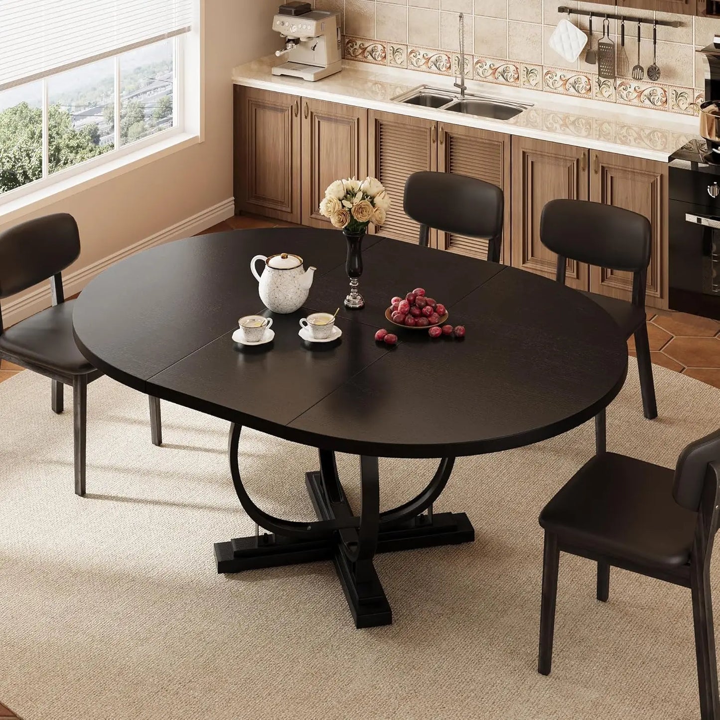 59'' Extendable Round Dining Table for 4 to 6, Kitchen Table with Sturdy X-Base Metal Legs, MDF Board with Backboard Clasp, Expa