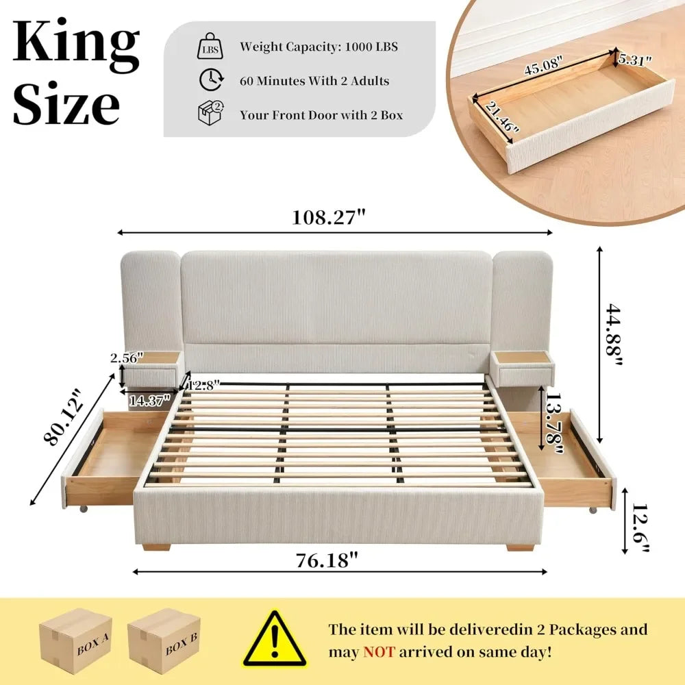 King Size Platform Bed Frame with 2 Built-in Nightstands Wood Luxury Bed Frame with Chenille 2 Storage Drawers