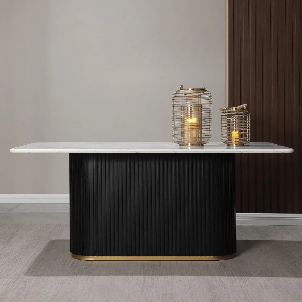 70" White Rectangular Faux Marble Dining Table with Black Fluted Base for 6, Suitable for Kitchen and Reception