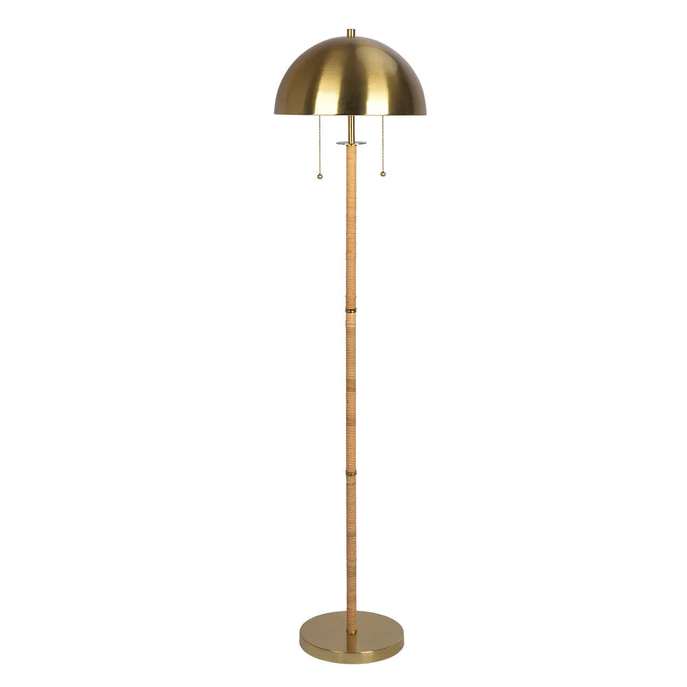 Allure 2-Light Floor Lamp Gold Brass Natural Rattan Tube Double on/Off Pull Chain