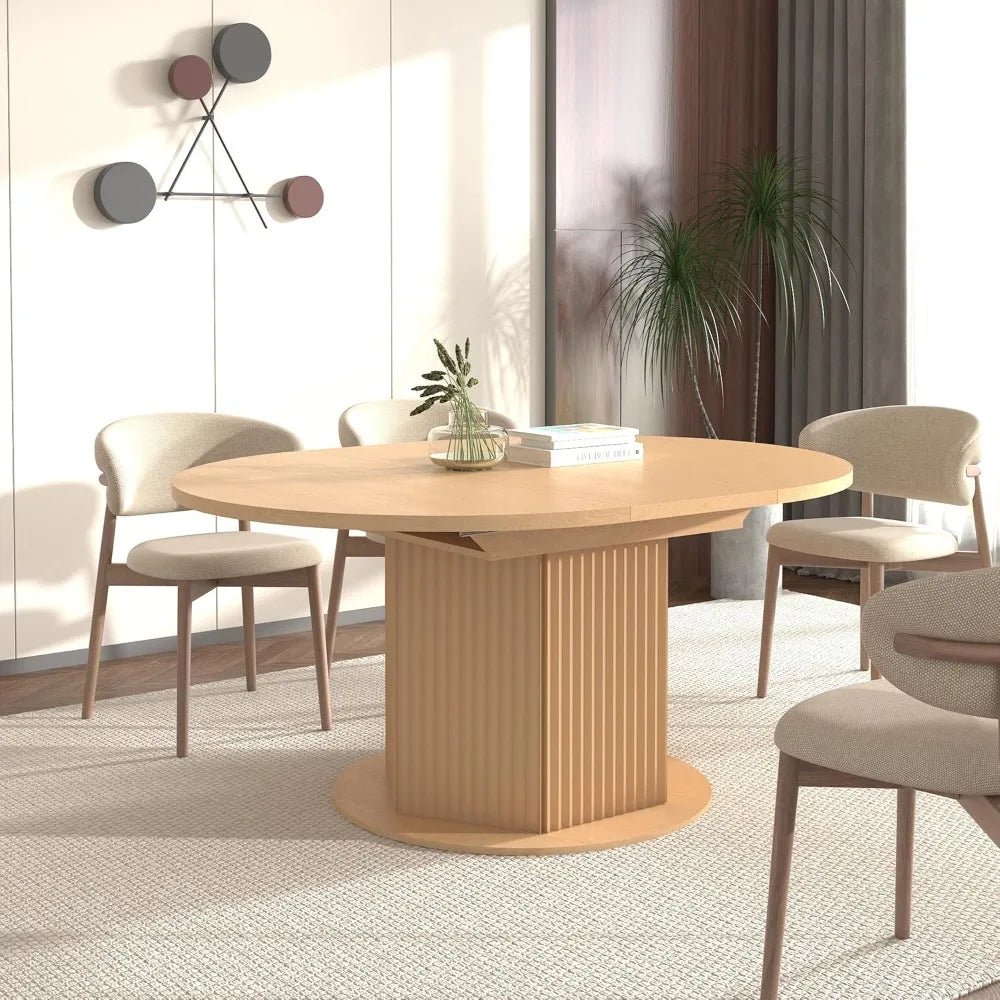 63" Round Extendable Dining Table, Expanding Dining Room Table for 10, Farmhouse Wooden Kitchen Extendable Table Oval Top