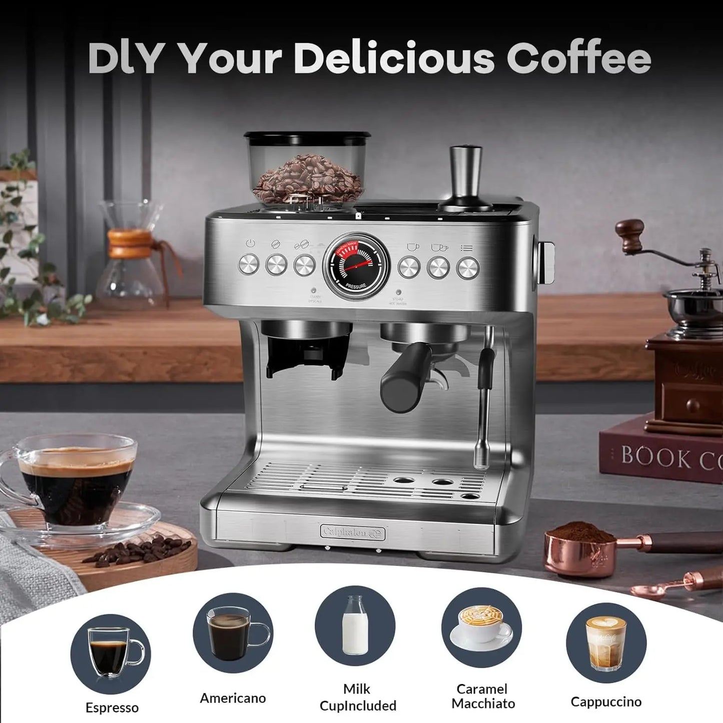 Espresso Coffee Maker with Milk Frother & 95 oz Removable Water Tank Espresso Machines with grinder for Latte and Cappuccino