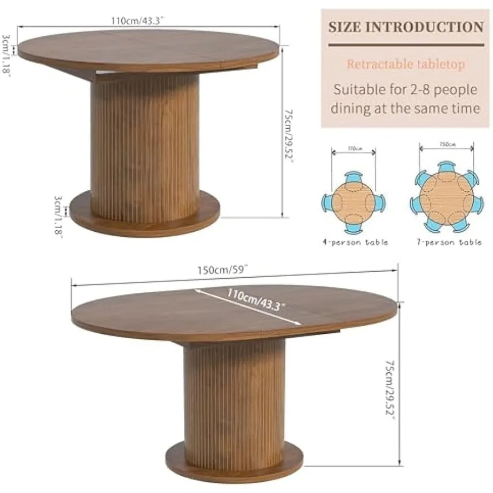 Adjustable 43.3-59 Inch Round Dining Table, Modern Farmhouse Style, Seats 4-6, Unique Circular Kitchen Table Design