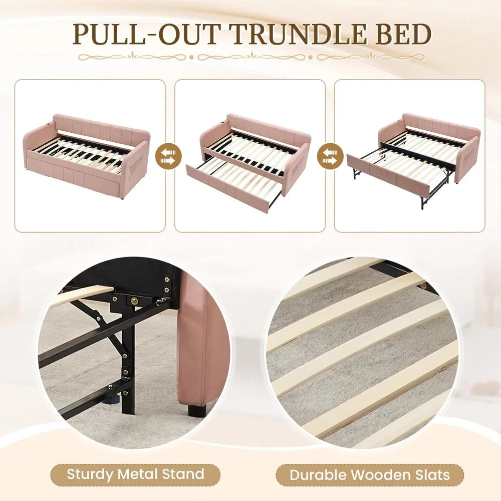 Twin Size Daybed with Pop Up Trundle Bed,Velvet Twin to King Size Day Bed Frame with USB Ports&Side Pockets,Upholstered Extendab