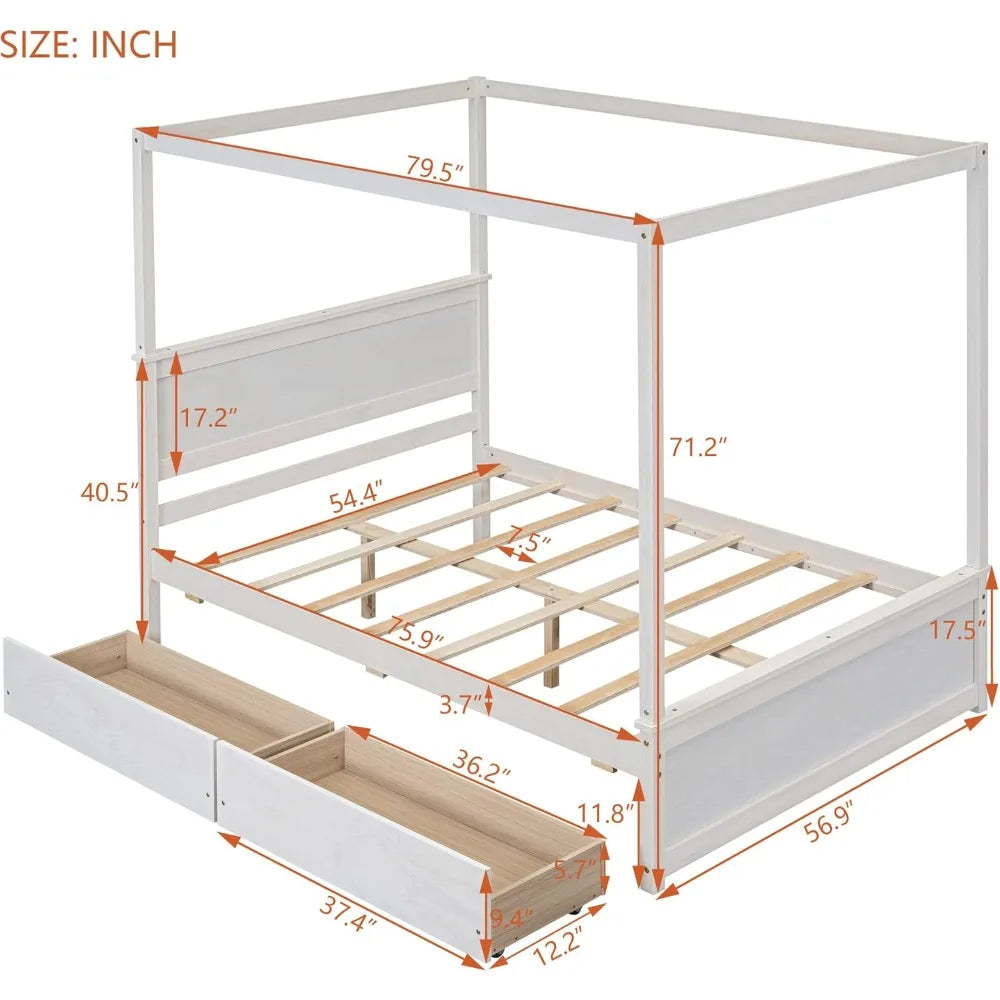 Full Size Canopy Bed with 2 Storage Drawers, 4-Post Wood Full Platform Bed Frame with Headboard, No Box Spring Needed - Brushed