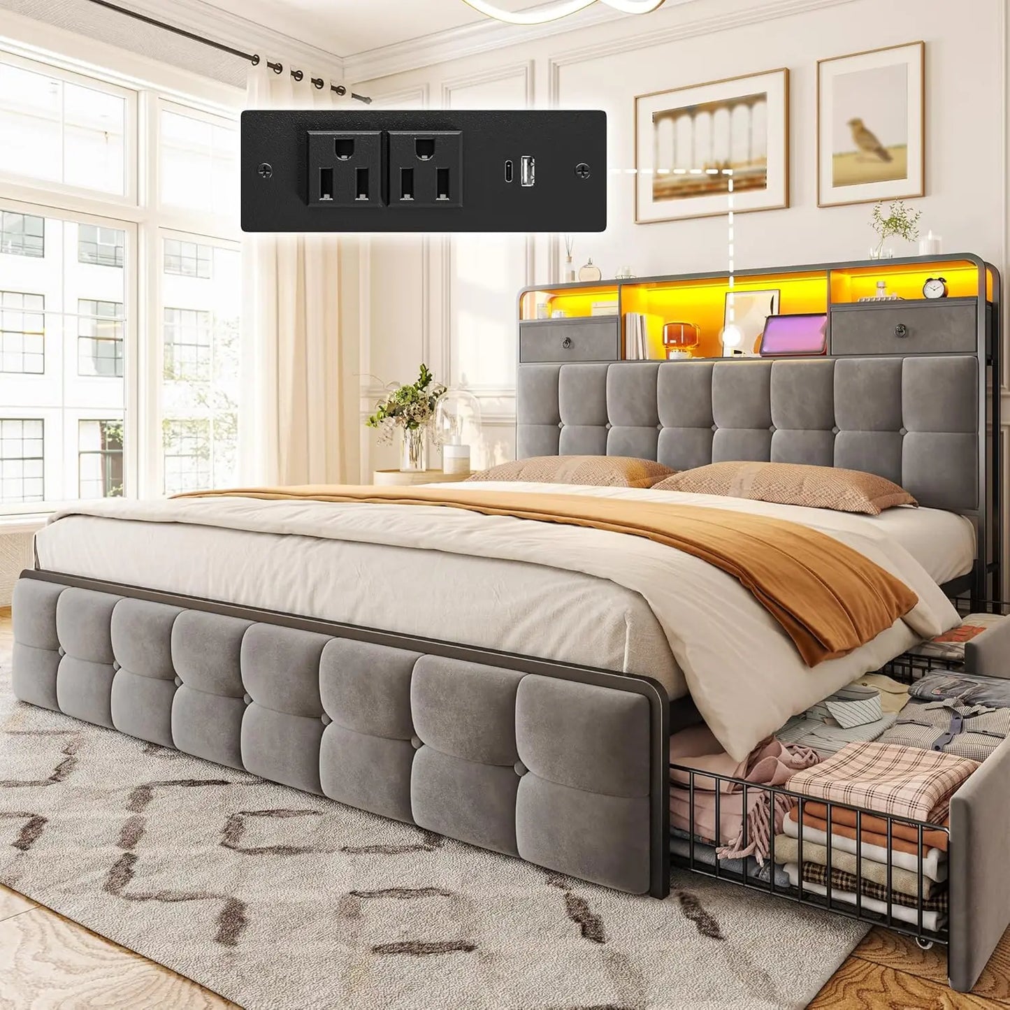 King Size Bed Frame with 4 Drawers and Storage Headboard, King Bed Frame Built in Charging Station and LED Lights, No Noise