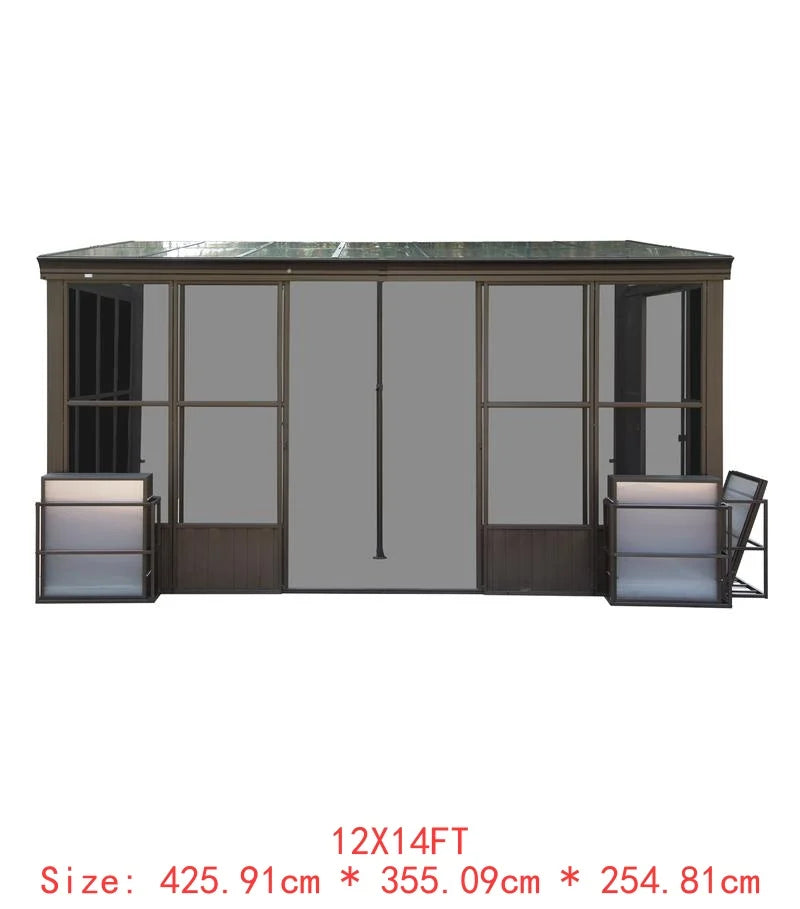 10x14FT All-Season Sunroom, Permanent Wall-Mounted Solarium with Detachable Polycarbonate Windows, Aluminum Lean-to Gazebo, 2