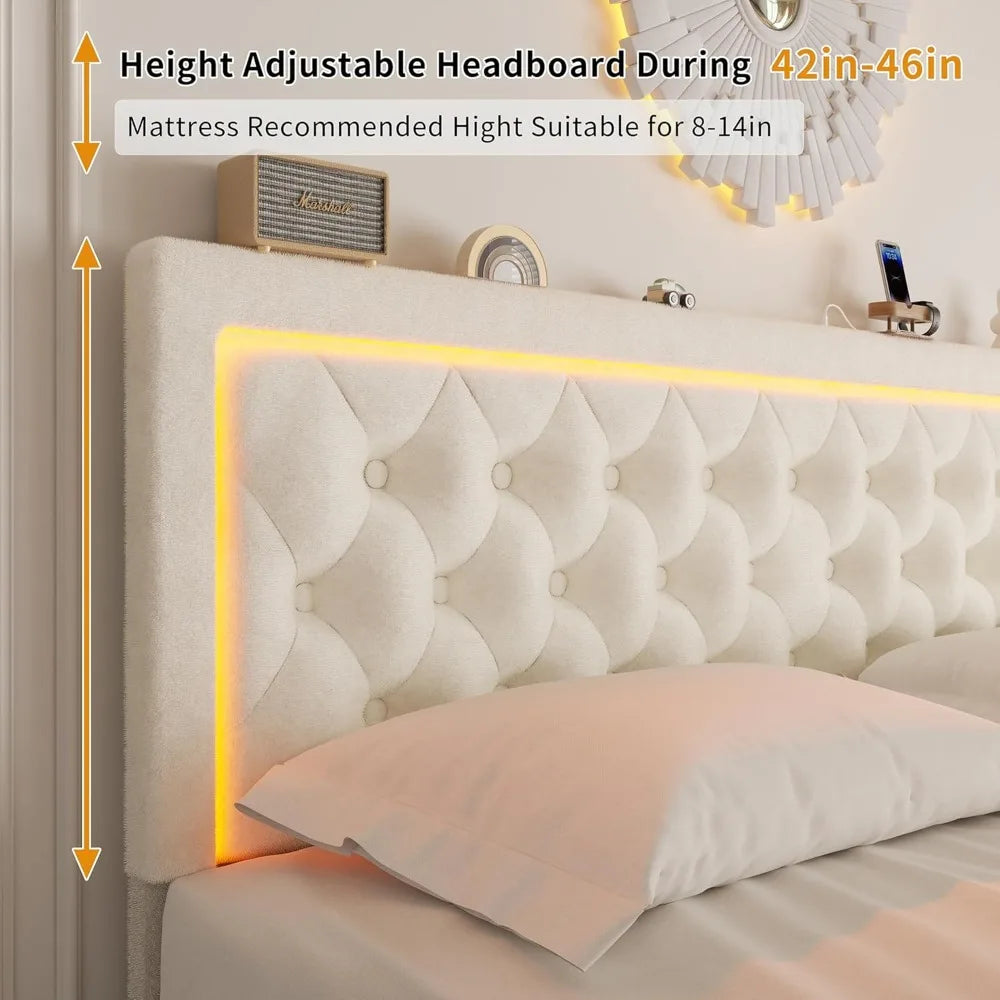 Queen Bed Frame with 4 Storage Drawers, Velvet Upholstered Bed Frame Queen Size with Charging Station and LED Lights, 46" Adjust