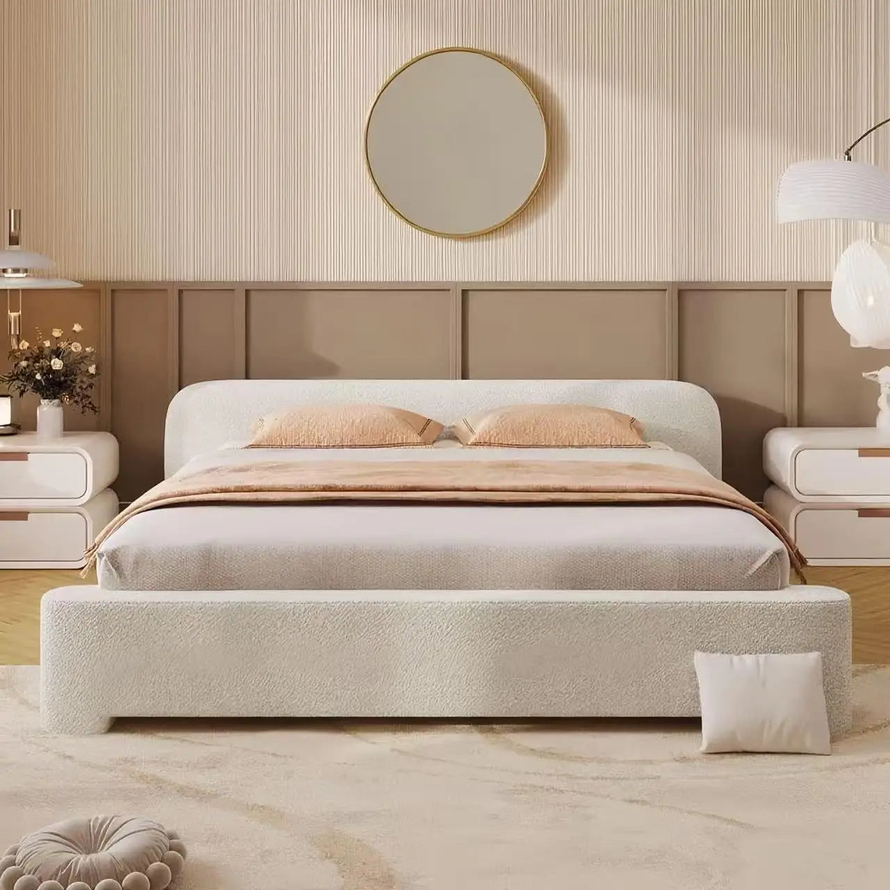 Upholstered Cloud Platform Bed Frame with Rounded Corners King Low Bed Frame with Headboard Ground Bed Frame for Adults