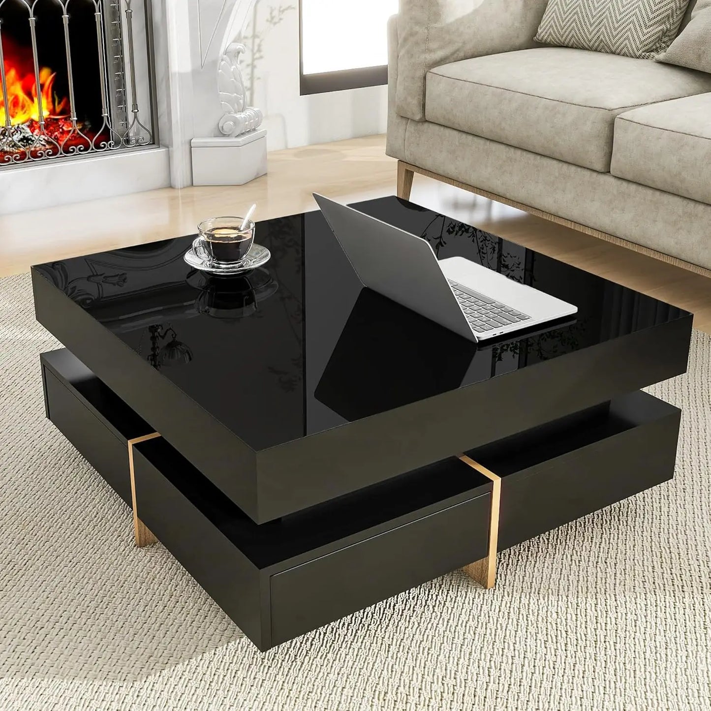 Modern Coffee Table with Storage, Contemporary Square Coffee Table with Drawers, High Gloss Modern Center Table for Living Room