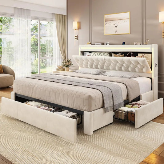 Upholstered LED Bed Frame King Size with 3 Storage Drawers, Hidden Storage Headboard with Charging Station, Velvet Button Tufted