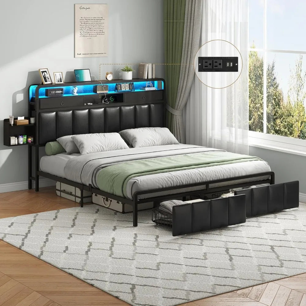 King Bed Frame with Storage Drawers, Upholstered Headboard with Hidden Storage Shelf, LED Lights and Charging Station, Metal Pla
