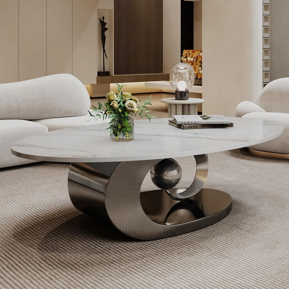 Oval Coffee Table for Living Room, Modern Center Table with Faux Marble Tabletop and Sculptural Stainless Steel Base, Silver+Whi