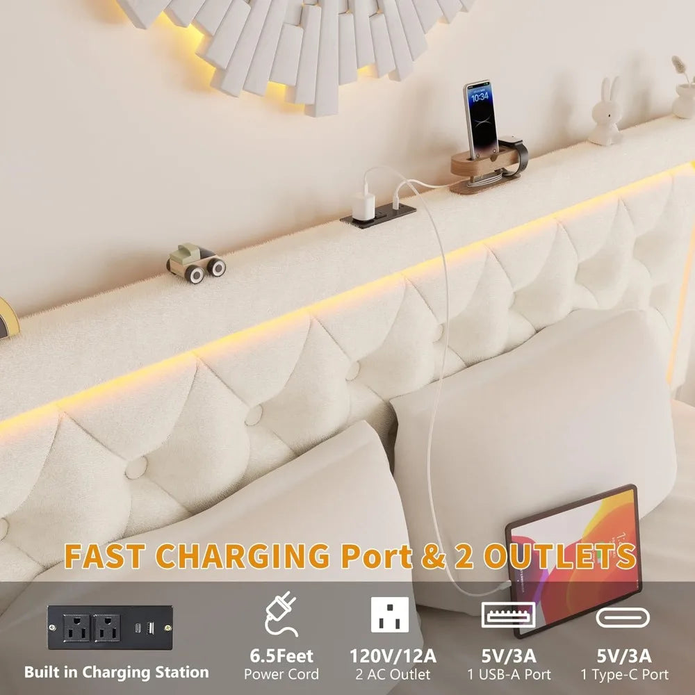 Queen Bed Frame with 4 Storage Drawers, Velvet Upholstered Bed Frame Queen Size with Charging Station and LED Lights, 46" Adjust