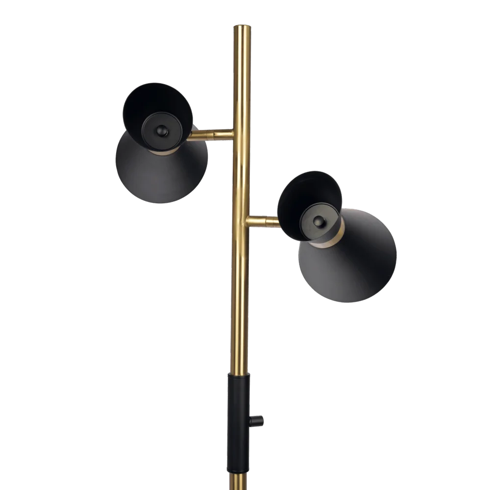 Axis Brassed Gold Floor Lamp 4-Way Switch Double Spots Metal Base Illuminate Your Space with The Axis Brassed Gold Floor Lamp