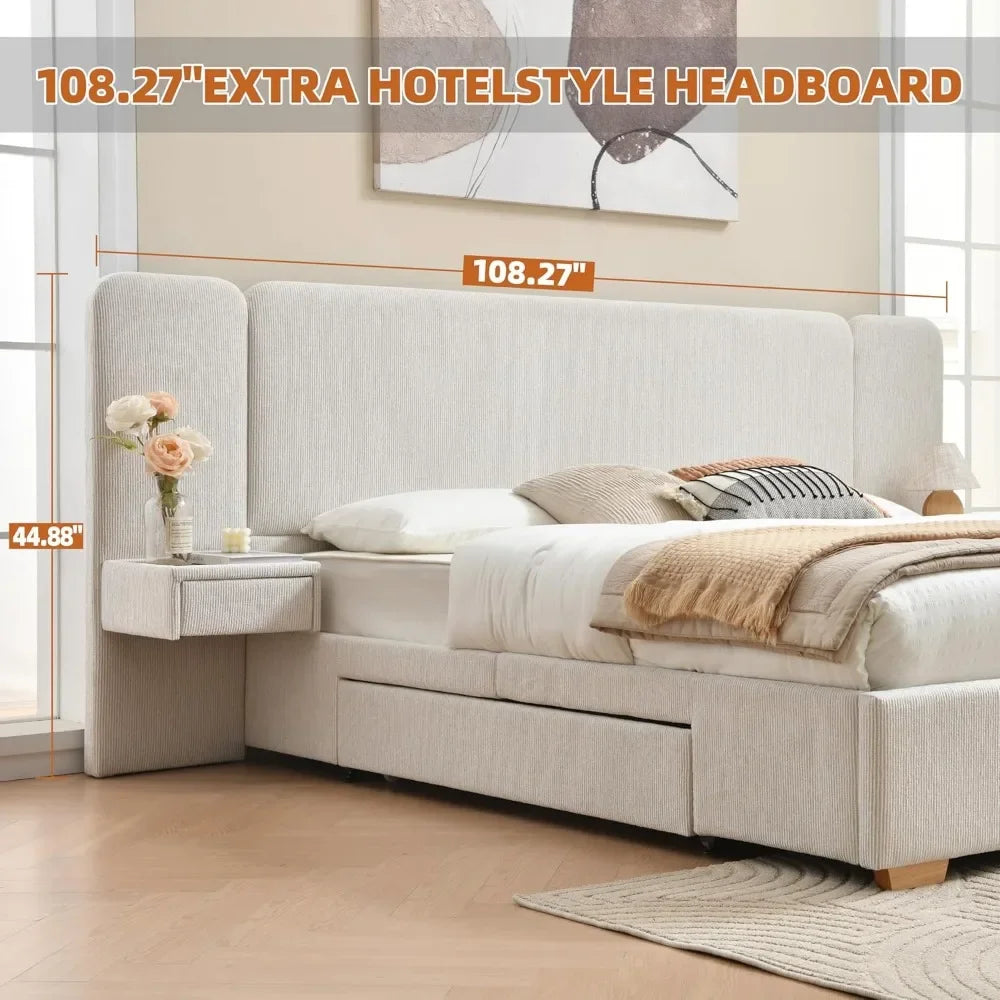 King Size Platform Bed Frame with 2 Built-in Nightstands Wood Luxury Bed Frame with Chenille 2 Storage Drawers