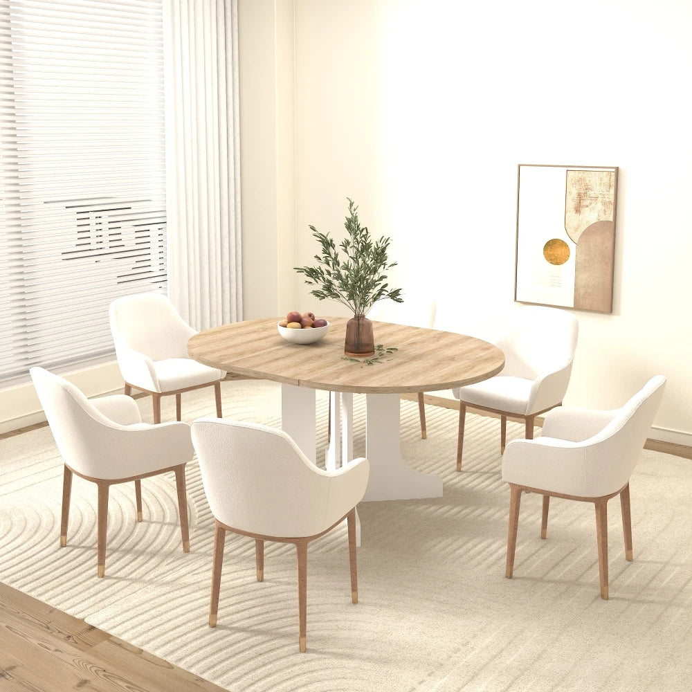 Dining Table for Farmhouse Kitchen 59x43 Inch Expandable Oval Table Top with Removable Leaf Trestle X Shaped Base White