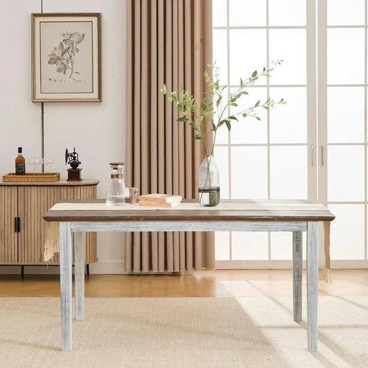 Solid Wood Farmhouse Dining Table, Rectangular Color Blocking, Kitchen Dining Room Table, 4-6