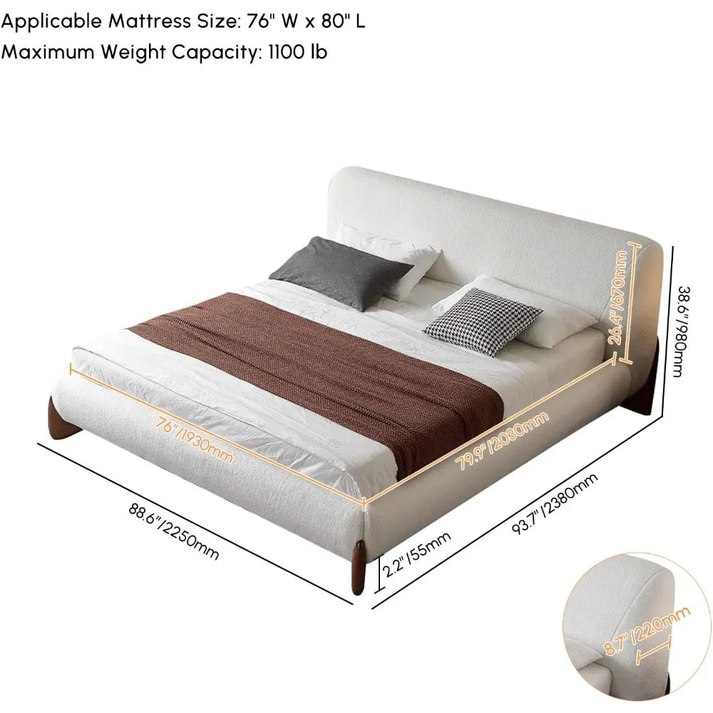 Homary King Upholstered Headboard White Boucle Platform Bed Frame, 88.6 W x 93.7 L, Fits Mattress 76 W x 80 L