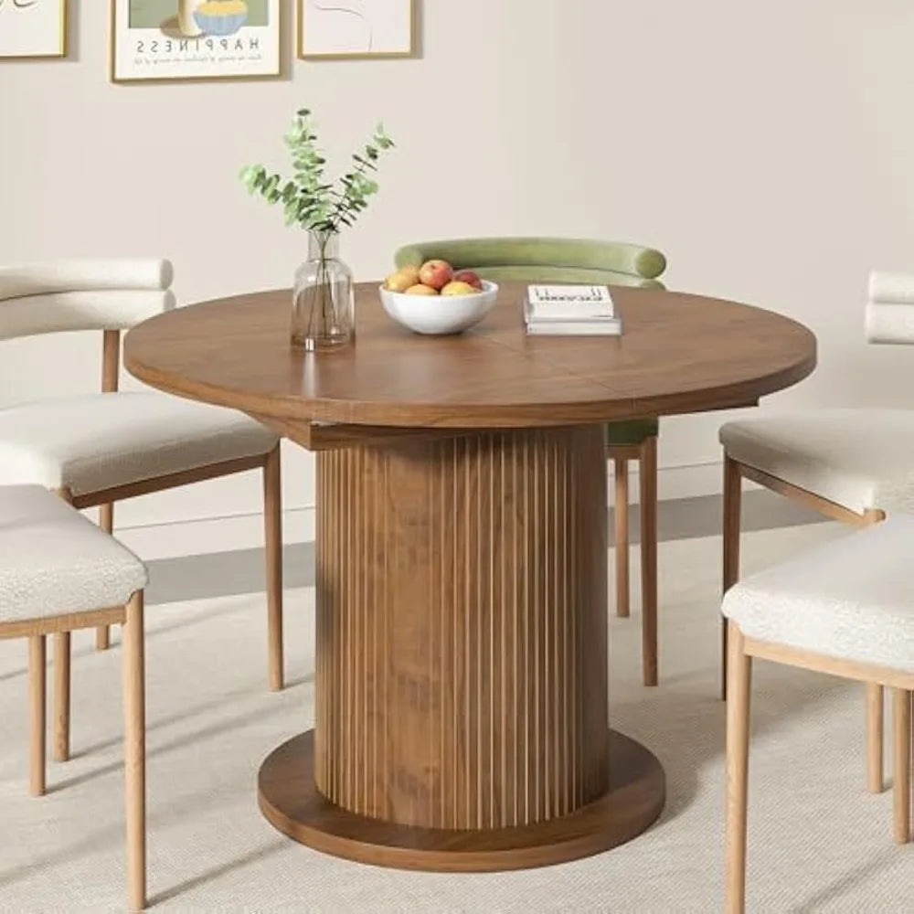 Adjustable 43.3-59 Inch Round Dining Table, Modern Farmhouse Style, Seats 4-6, Unique Circular Kitchen Table Design