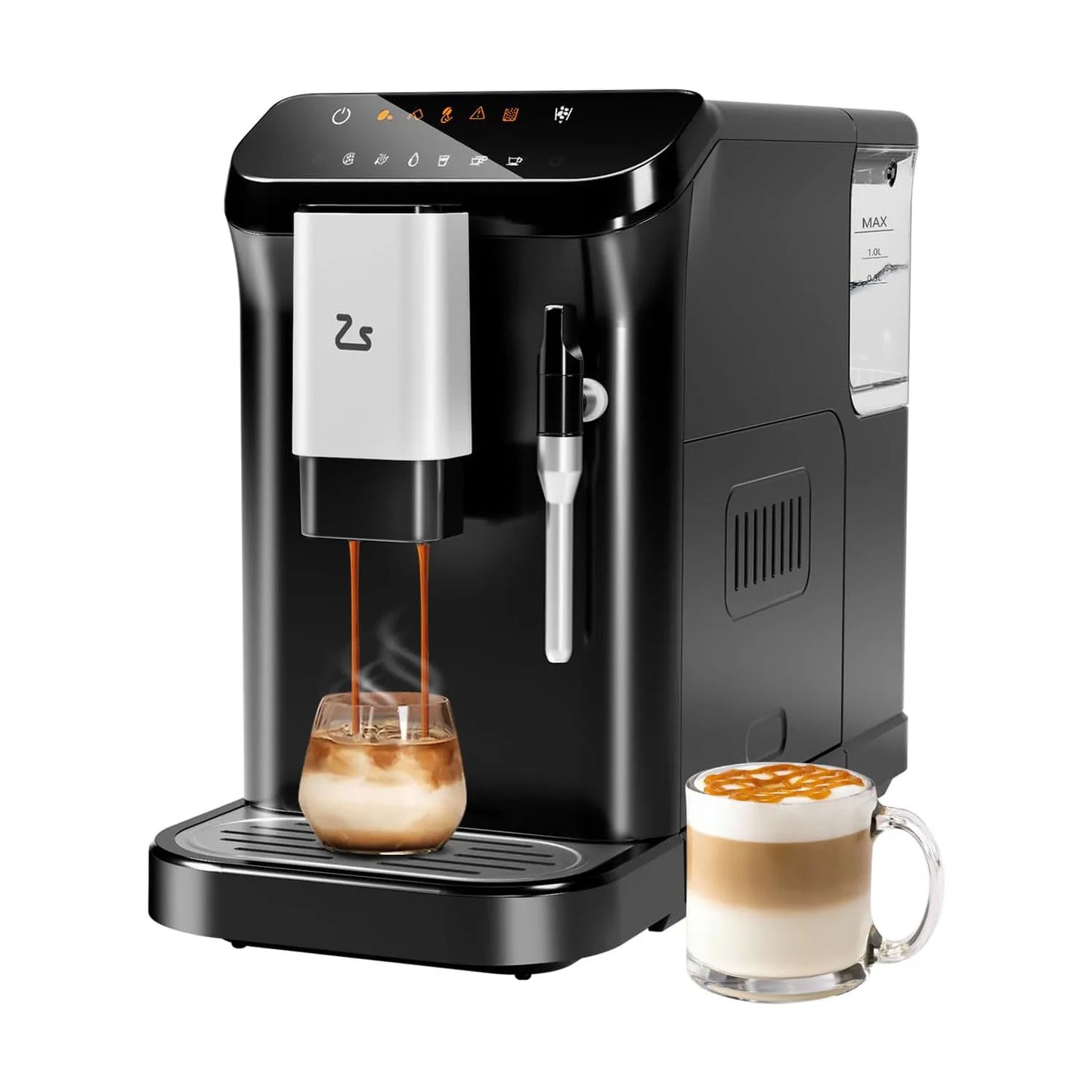 Fully Automatic Espresso Machine with Grinder and Milk Frother Touchscreen Control 20 Bar Pressure One-Touch Latte & Cappuccino