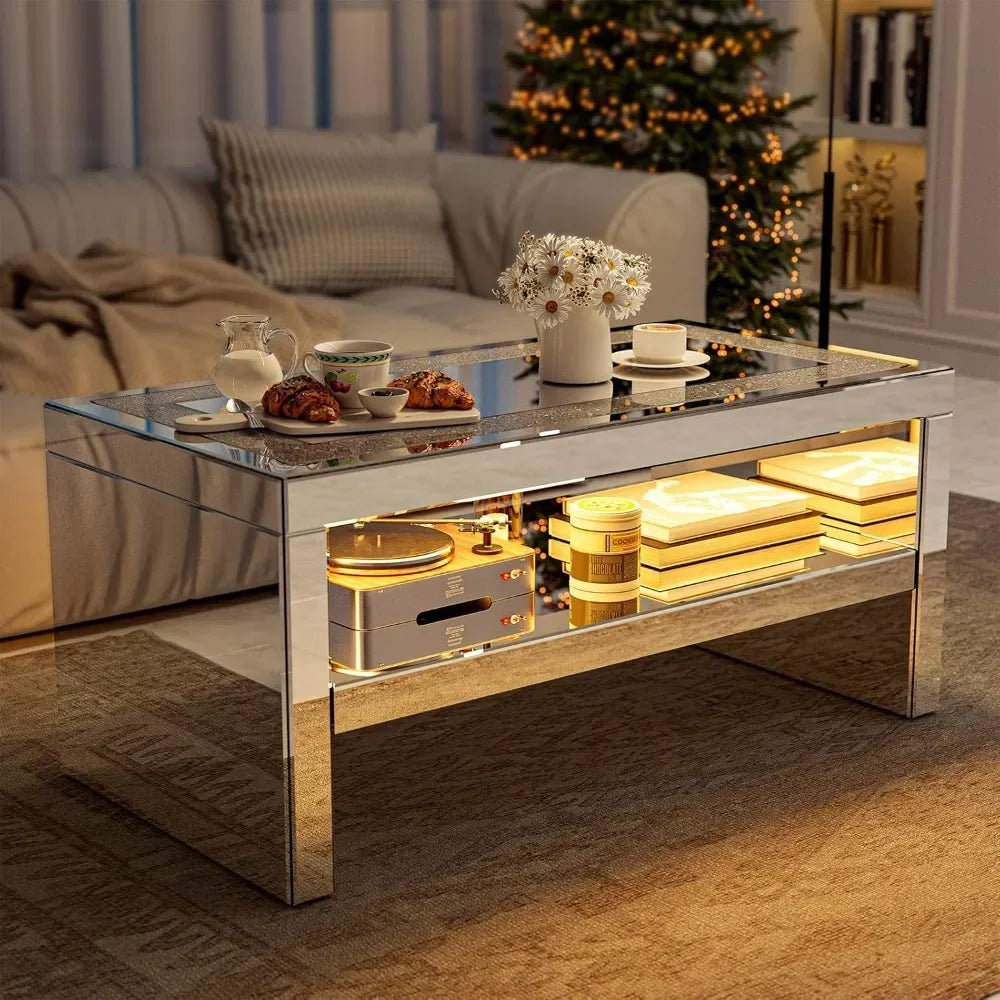 Mirrored Coffee Table with Mirror Crystal Board, Glass Rectangle End Table Coffee Tea Table with 2 Tier for Living Room Bedroom