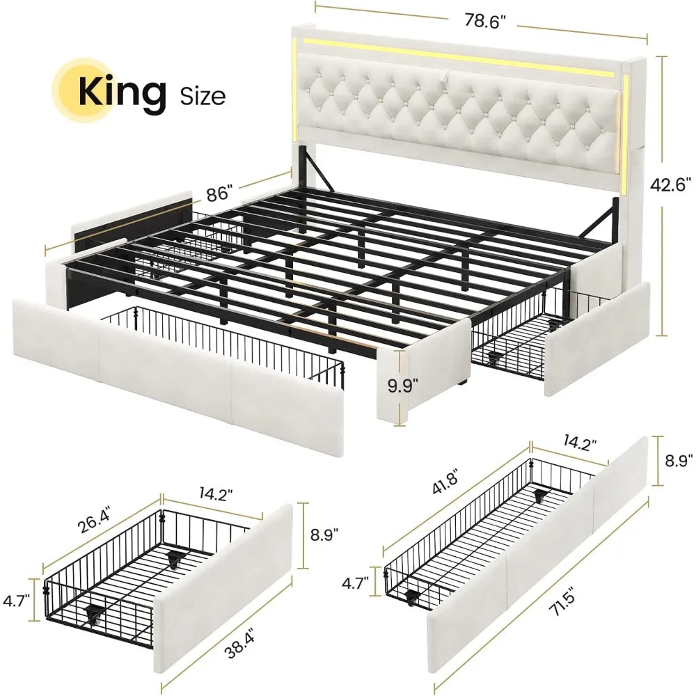 Upholstered LED Bed Frame King Size with 3 Storage Drawers, Hidden Storage Headboard with Charging Station, Velvet Button Tufted