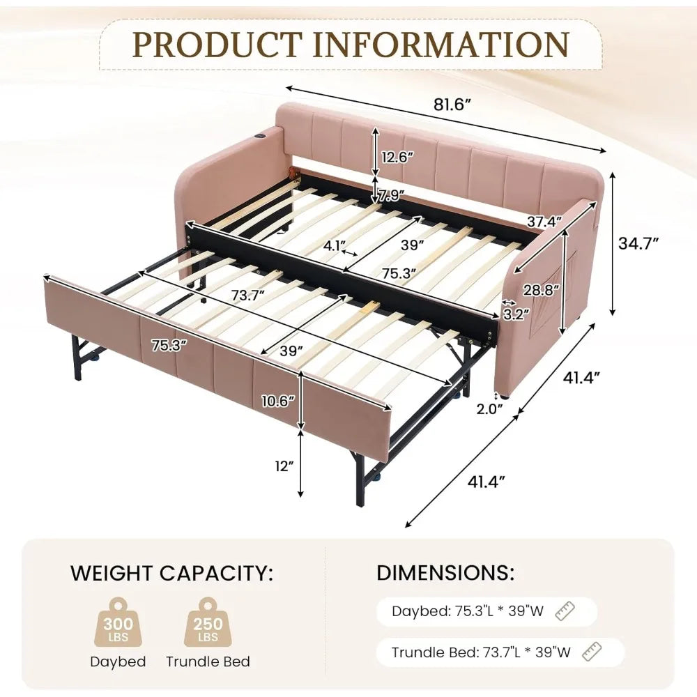 Twin Size Daybed with Pop Up Trundle Bed,Velvet Twin to King Size Day Bed Frame with USB Ports&Side Pockets,Upholstered Extendab