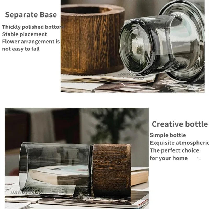 Vases Simple European hydroponic plant household living room table  inserted flower wood base transparent glass vase Home Decor