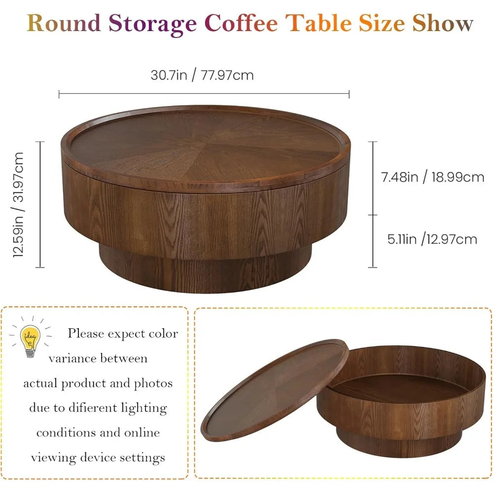 Mid-Century Modern Round Coffee Table with Hidden Storage, Solid Wood Veneer Center Table for Living Room