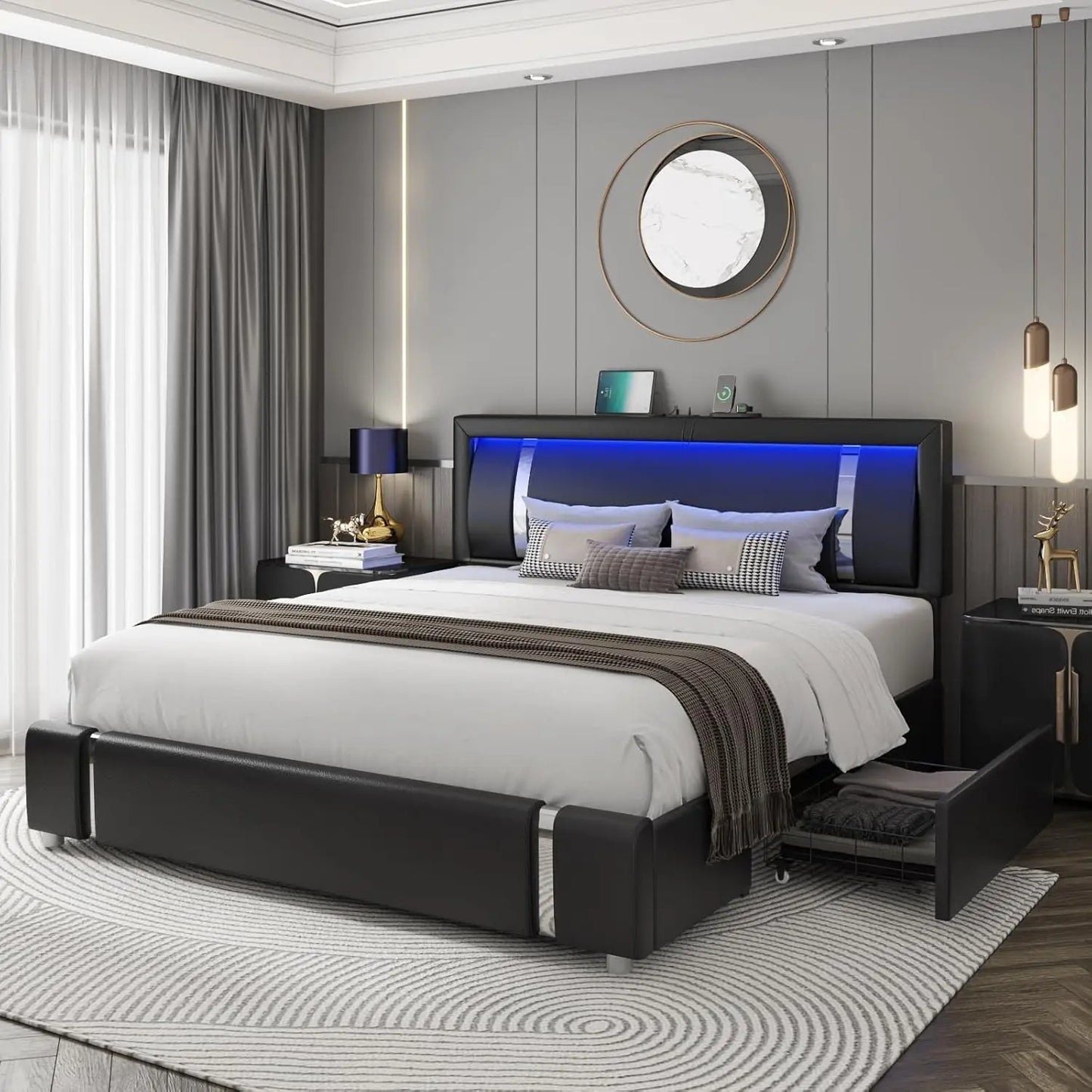 Queen/Full Bed Frame with RGB LED Lights Headboard & 2 Storage Drawers, Sturdy wooden frame, Modern Upholstered Faux Leather Bed