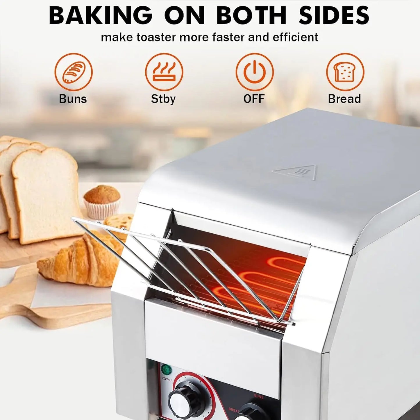 Commercial Toaster Conveyor 150 Slices/H Heavy Duty Industrial Design Stainless Steel Electric Oven, Dual Heating Tube 7-Speed