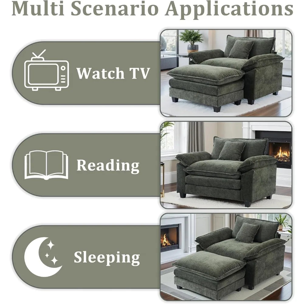 Oversized Accent Chair with Ottoman,Oversized Chaise Lounge Chair Indoor with Deep Seat，Reading Chair Comfy Chenille Sofa