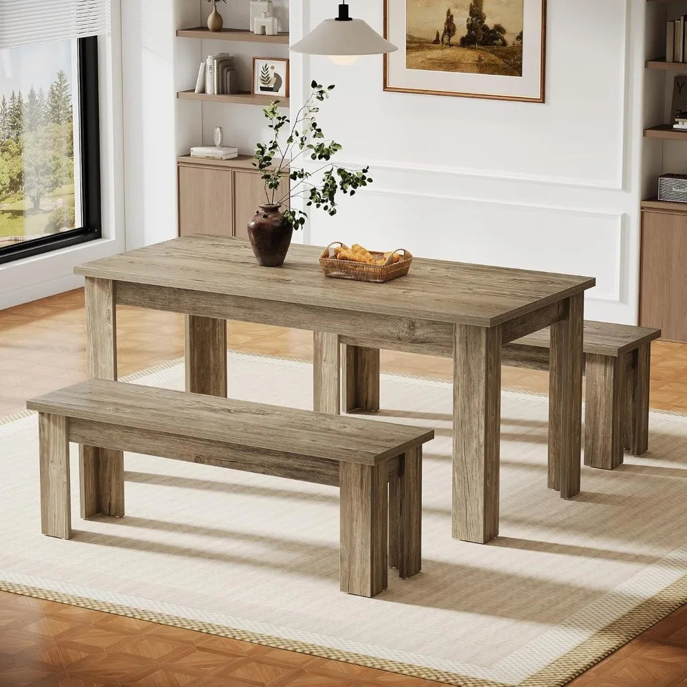 rectangular 55.1-inch dining table set for 6 with 2 benches and 3 wooden pieces