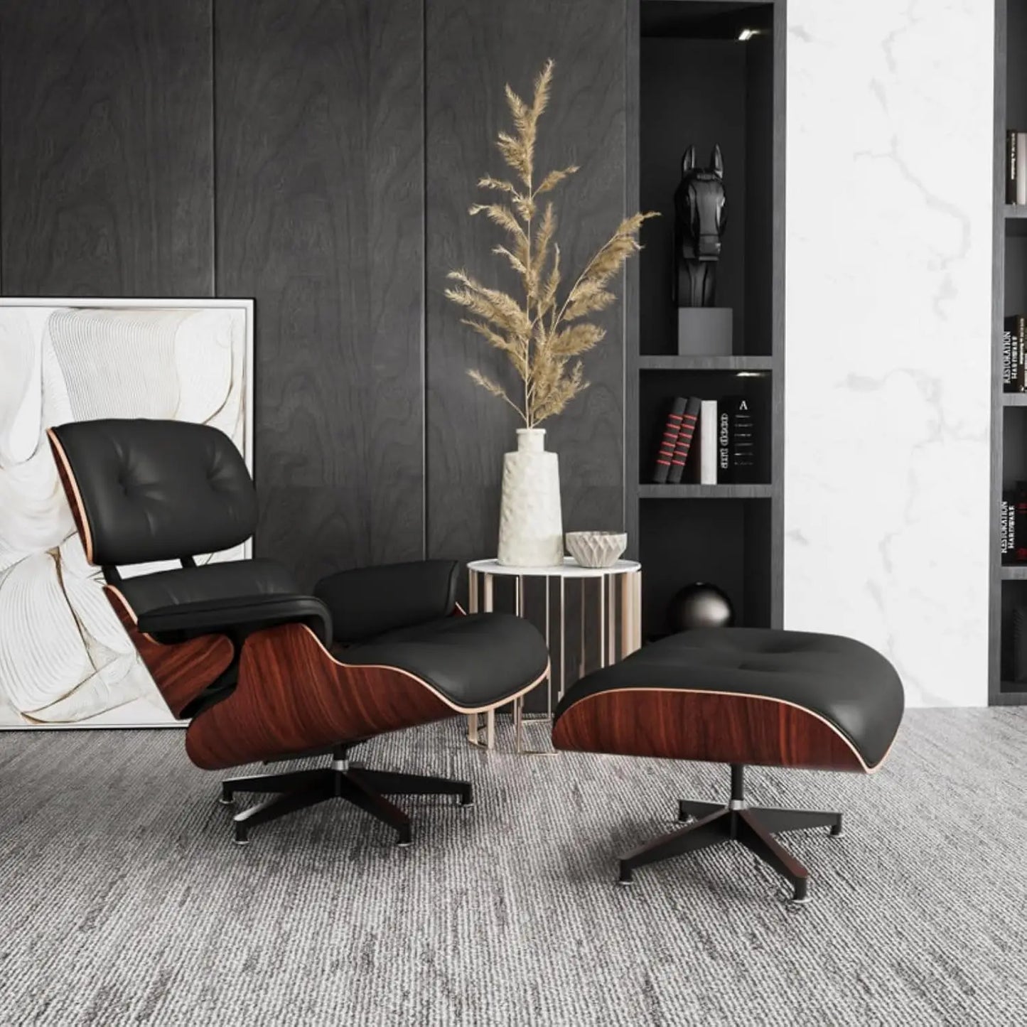 Mid Century Chaise Lounge Chair with Ottoman, Top Black Grain Leather,Modern Office Chair Classic Design,Heavy Duty Base Support