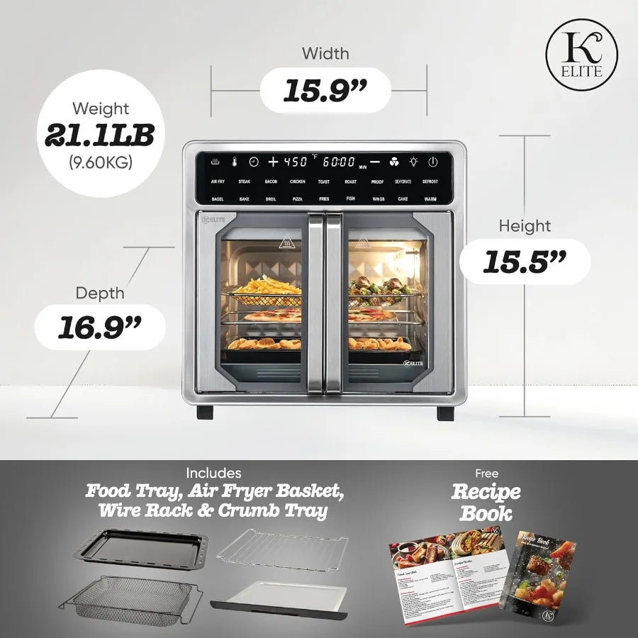 16 Quart French Door Air Fryer Oven Family Size Countertop Convection Cooker with LED Display Stainless Steel for LargeScale Ho