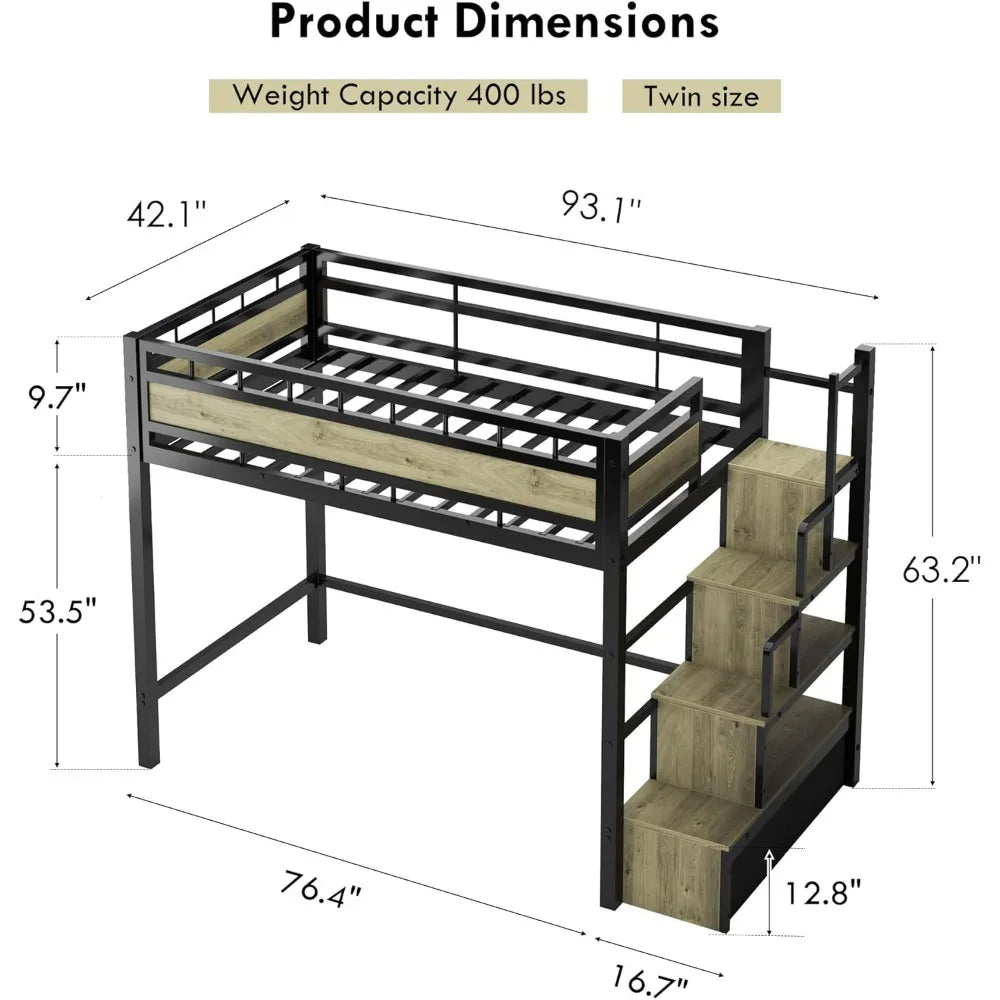 Loft Bed Twin Size, Heavy Duty Metal Loft Bed Frame & Safe Stairs Storage with Large Under Bed Space for Teens and Junior, Black