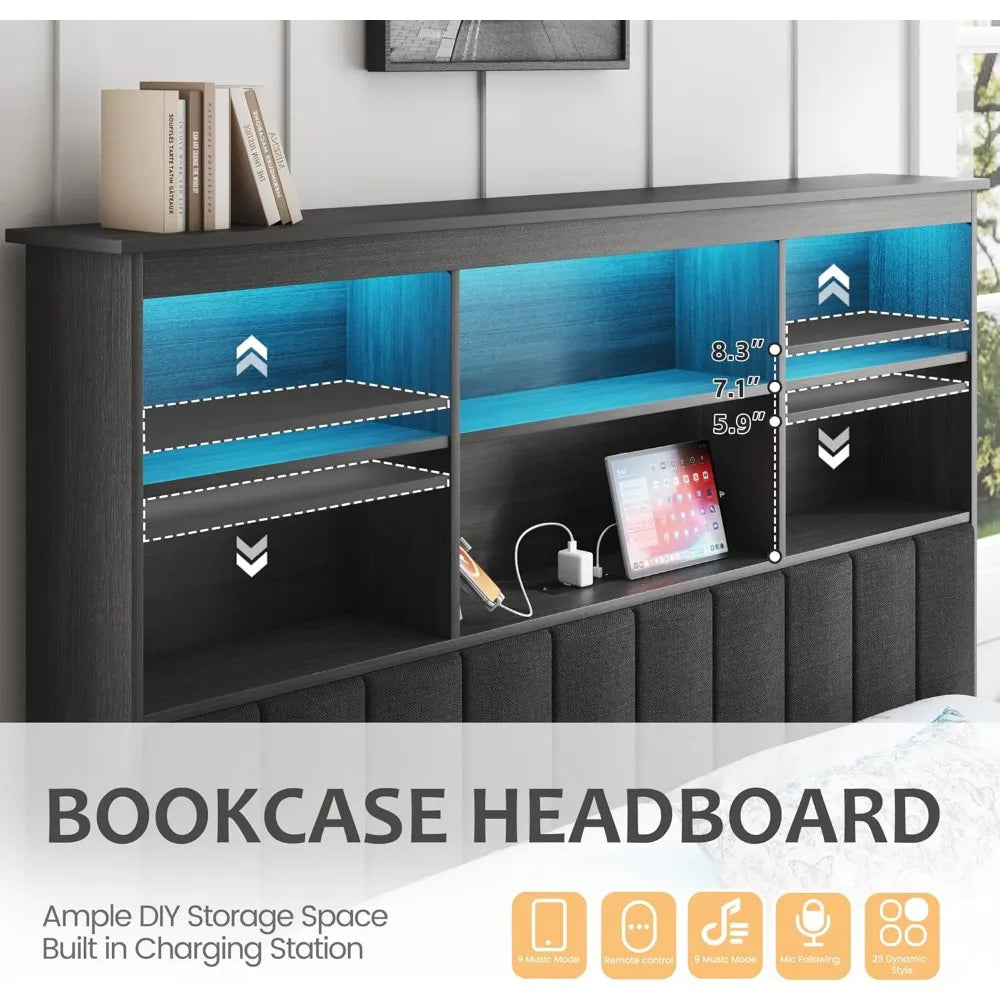 hisoft full bed frame with storage headboard, wood bed with high storage bookcase, 4 drawers & led & charging station,no box spr