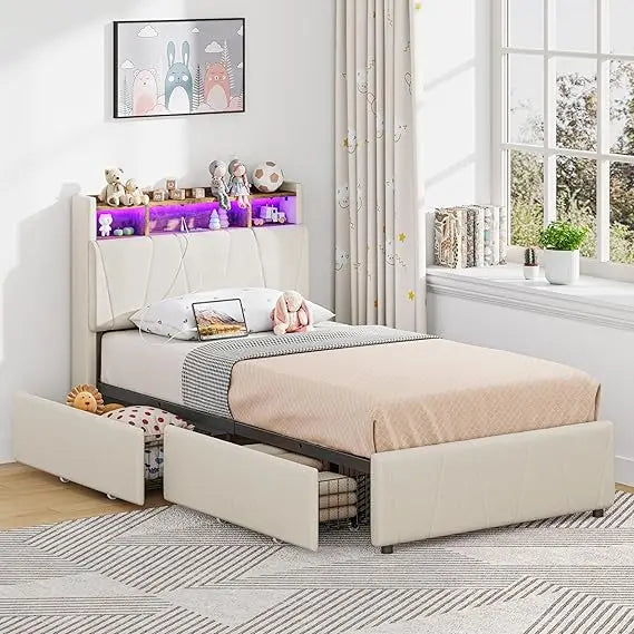 Upholstered Twin Bed Frame with Storage Drawers, Charging Station, LED Lights, and Storage Headboard