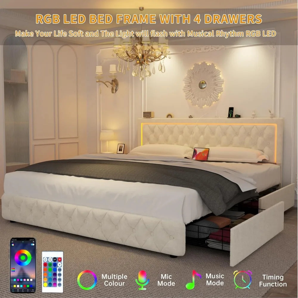 Queen Bed Frame with 4 Storage Drawers, Velvet Upholstered Bed Frame Queen Size with Charging Station and LED Lights, 46" Adjust