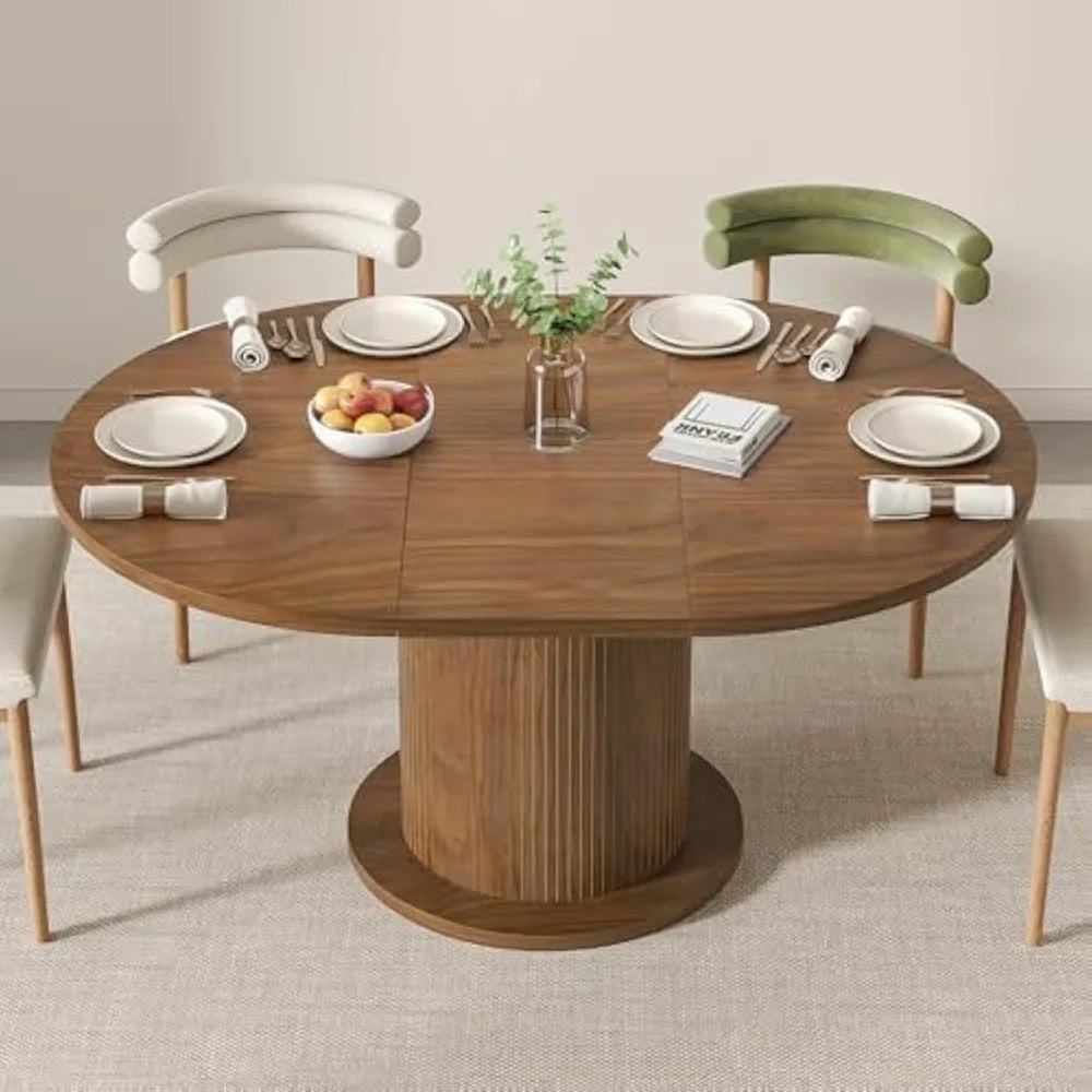 Adjustable 43.3-59 Inch Round Dining Table, Modern Farmhouse Style, Seats 4-6, Unique Circular Kitchen Table Design