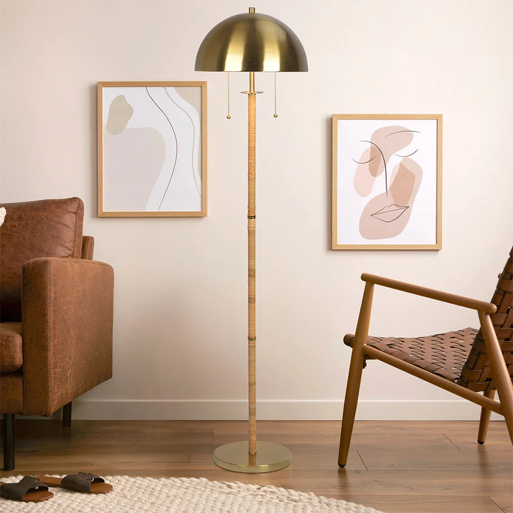 Allure 2-Light Floor Lamp Gold Brass Natural Rattan Tube Double on/Off Pull Chain