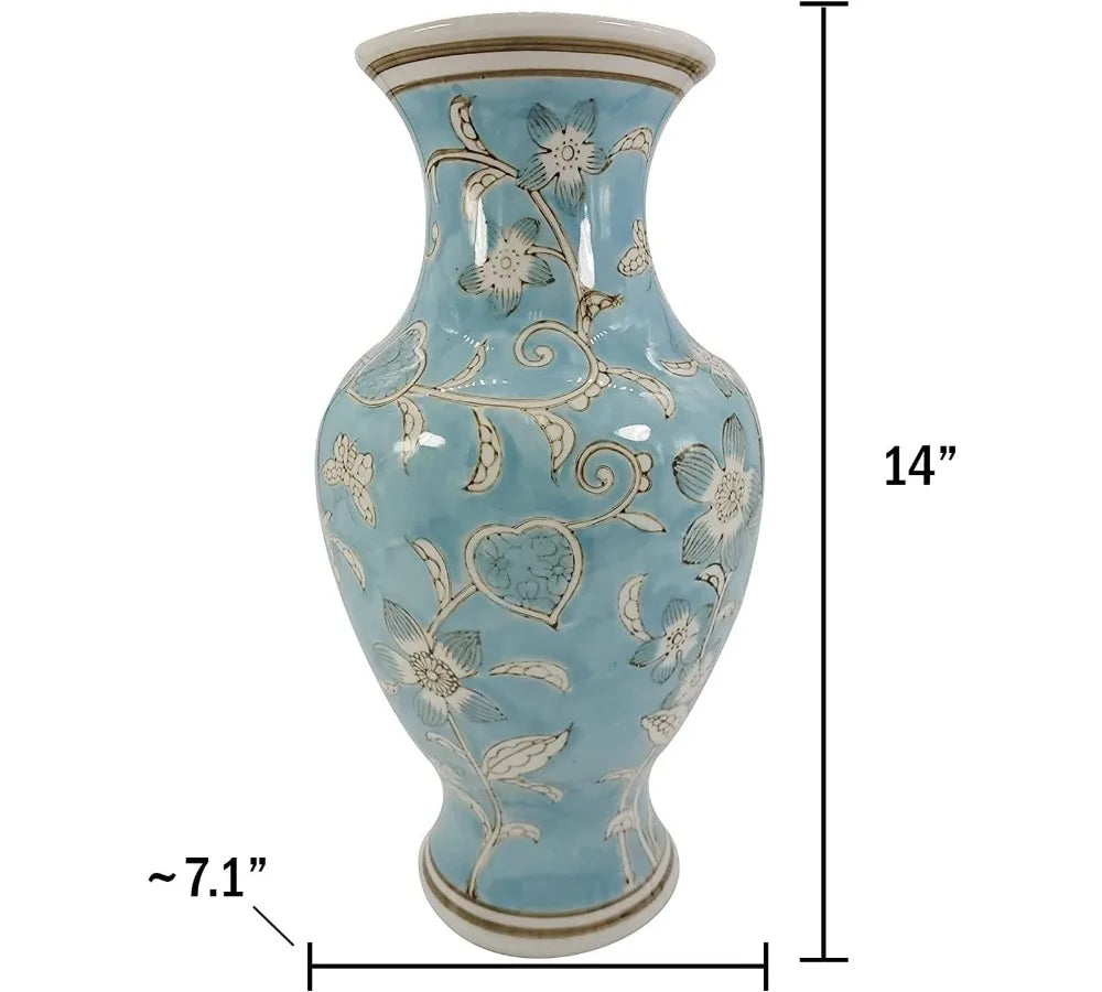 Hand Painted Blue White Floral Ceramic Vase 14" Antique Porcelain Flower Bottle Home Decor Centerpiece Gift
