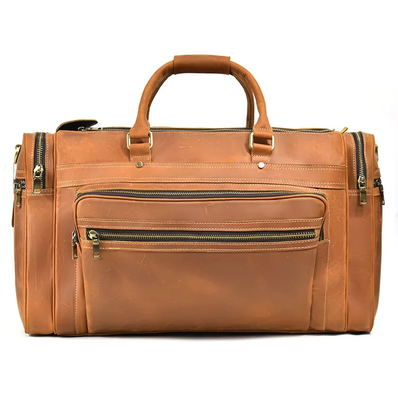 Exlarge Mens Crazy Horse leather Weekend Bag 22" Genuine Leather Travel Duffle Large Vintage Cowhide Zipper Bag Luggage Tote Bag