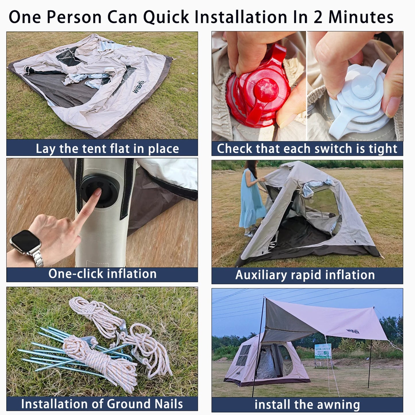 Automatic Inflatable Camping Tent，Easy Set up 3-6 Person Glamping Outdoor Air Blow Up Tents,Equipped with a built-in air pump